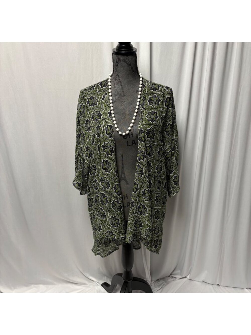 LuLaRoe Open Front Kimono Womens Medium Green Black Lightweight Sheer Cardigan